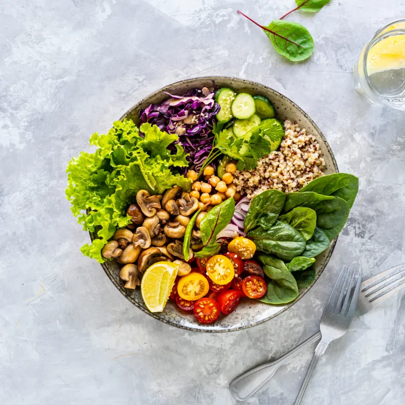 quinoa mushrooms lettuce red cabbage spinach cucumbers tomatoes bowl buddha white top view